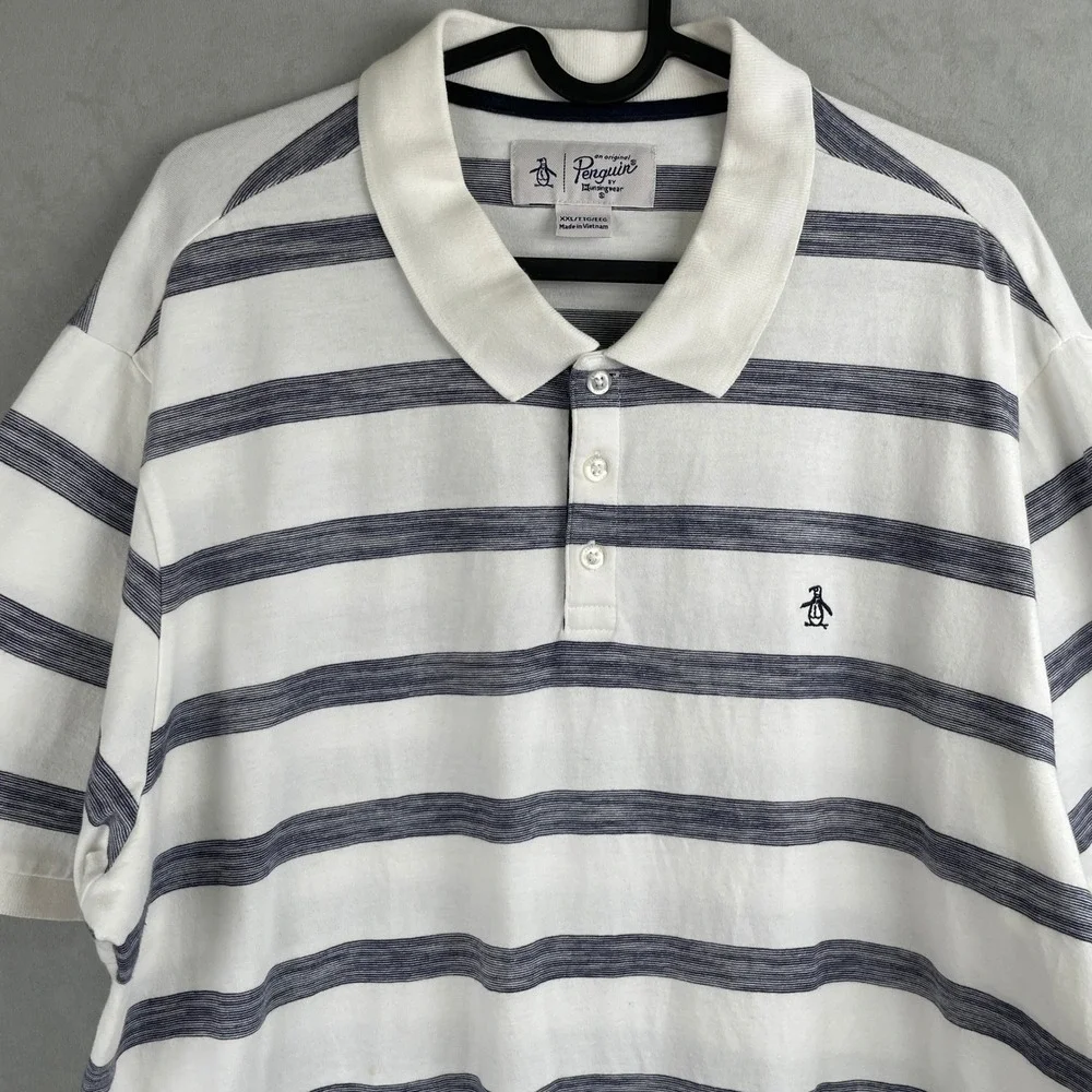 Original Penguin Mens XXL Striped Polo Shirt White Navy Blue Short Sleeve Cotton